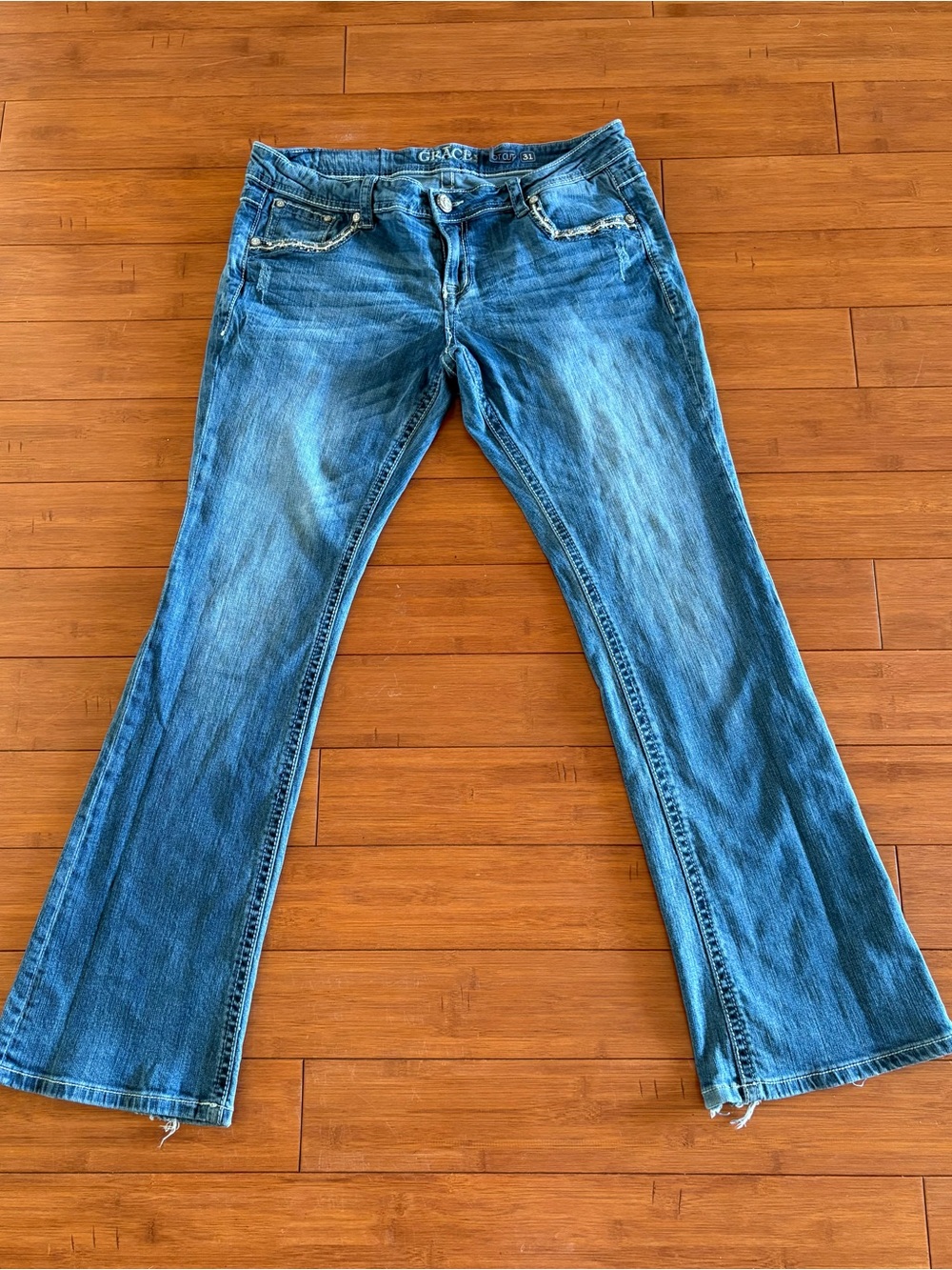 Grace in LA Bootcut Jeans Size 31 Jeweled Rhinestone Pocket Distressed Y2K Boho